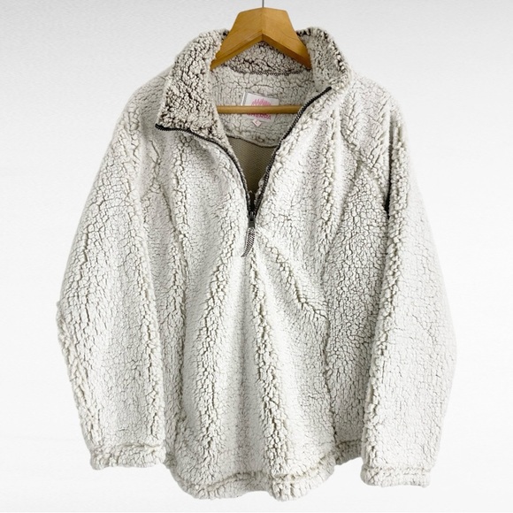 Cozy Sherpa | Oatmeal White Snuggly Plush Soft High Zip Up Neck Sweater Jacket - Picture 3 of 4